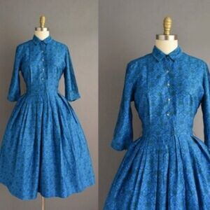 1950s/1960s Vintage Cotton Day Dress Midi Pockets Royal Blue Green Medium Collar